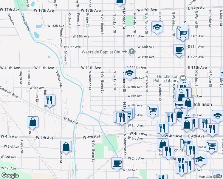 map of restaurants, bars, coffee shops, grocery stores, and more near 605 West 9th Avenue in Hutchinson