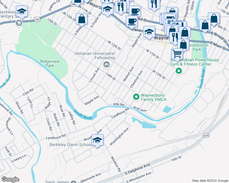 map of restaurants, bars, coffee shops, grocery stores, and more near 665 Walnut Avenue in Waynesboro