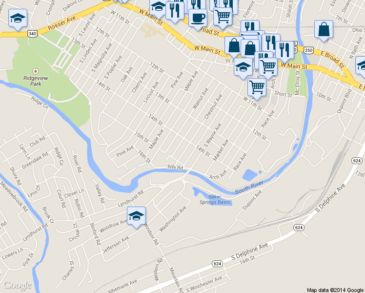 map of restaurants, bars, coffee shops, grocery stores, and more near 629 Chestnut Avenue in Waynesboro