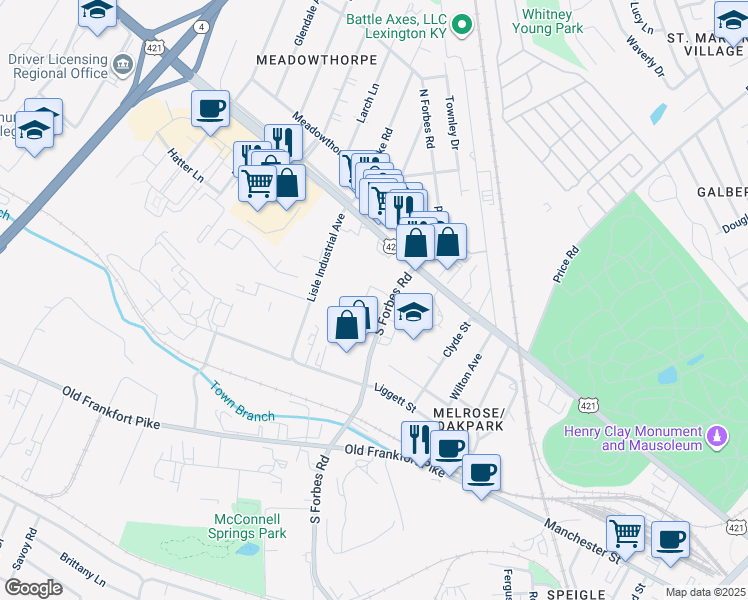 map of restaurants, bars, coffee shops, grocery stores, and more near 137 S Forbes Rd in Lexington