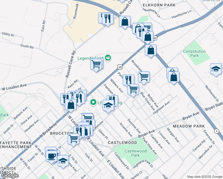 map of restaurants, bars, coffee shops, grocery stores, and more near 135 Fairlawn Avenue in Lexington
