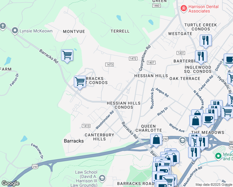 map of restaurants, bars, coffee shops, grocery stores, and more near 101 Georgetown Road in Charlottesville