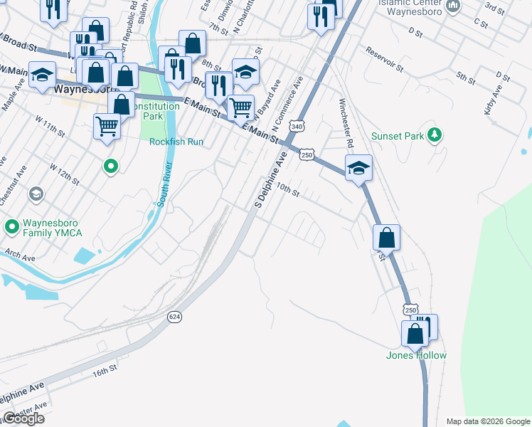 map of restaurants, bars, coffee shops, grocery stores, and more near 266 South Delphine Avenue in Waynesboro