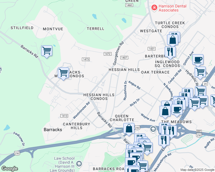 map of restaurants, bars, coffee shops, grocery stores, and more near 133 West Park Drive in Charlottesville