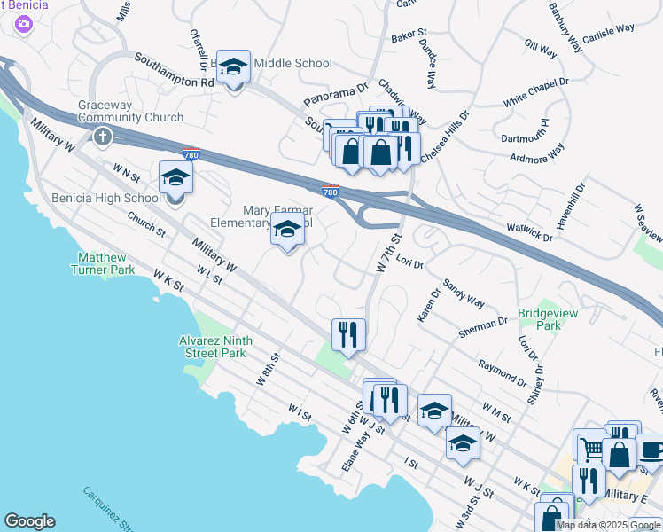 map of restaurants, bars, coffee shops, grocery stores, and more near 1366 Anita Circle in Benicia