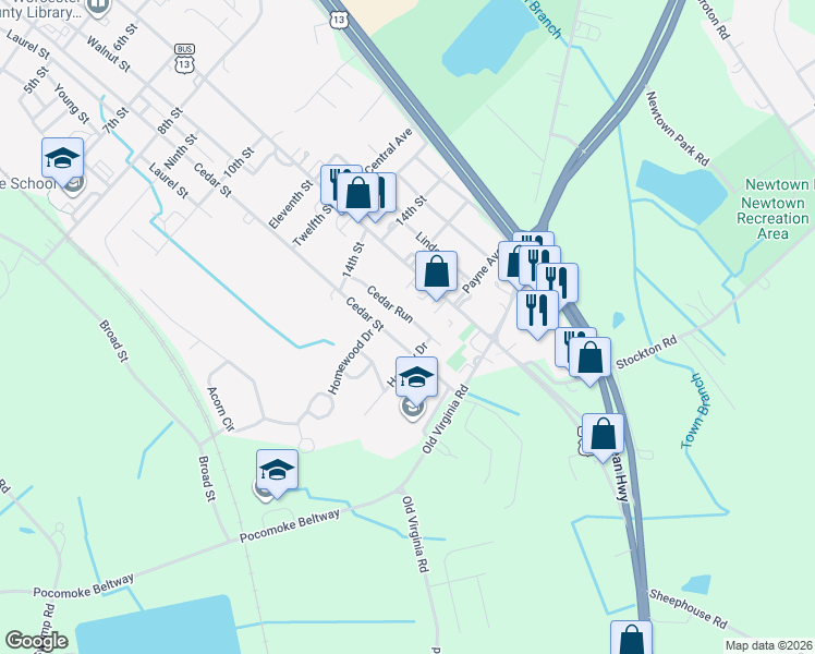 map of restaurants, bars, coffee shops, grocery stores, and more near 1503 Cedar Street in Pocomoke City