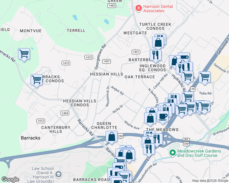 map of restaurants, bars, coffee shops, grocery stores, and more near 122 Woodstock Drive in Charlottesville