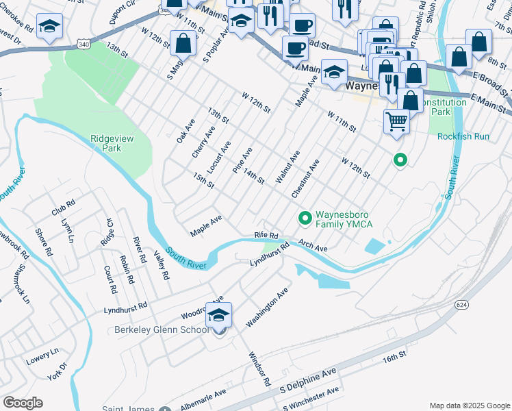 map of restaurants, bars, coffee shops, grocery stores, and more near 665 Walnut Avenue in Waynesboro