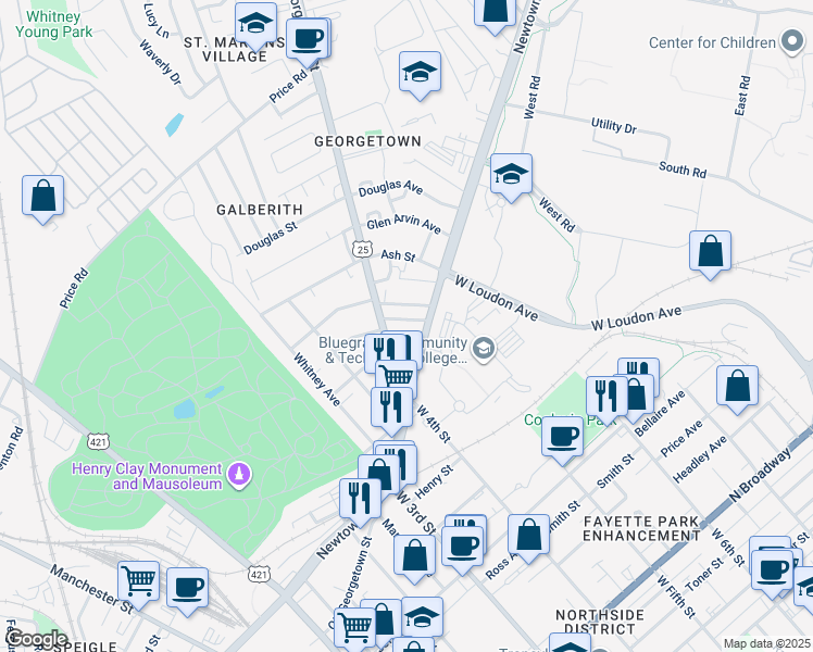 map of restaurants, bars, coffee shops, grocery stores, and more near 528 1/2 Bright Avenue in Lexington