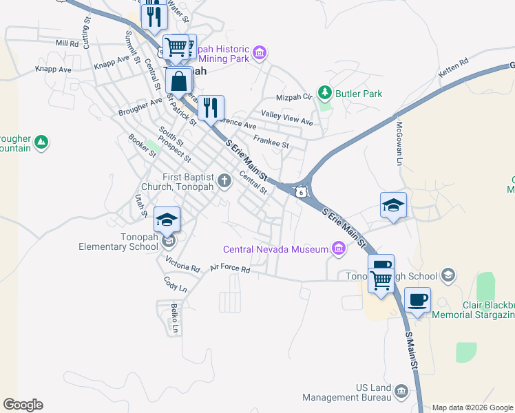 map of restaurants, bars, coffee shops, grocery stores, and more near 383 South Street in Tonopah