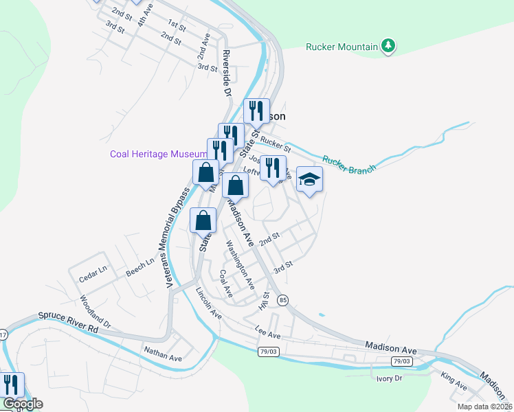 map of restaurants, bars, coffee shops, grocery stores, and more near 1 West Avenue in Madison