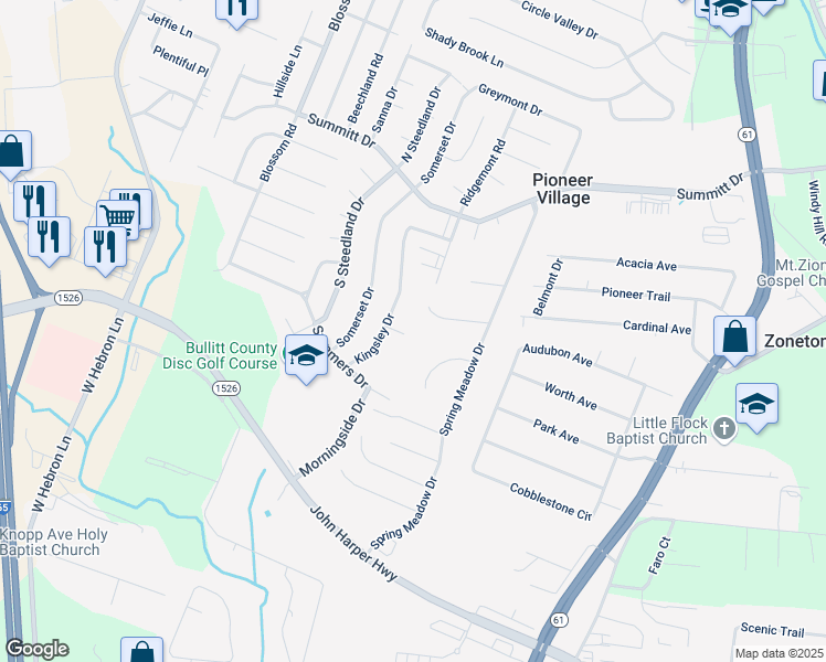 map of restaurants, bars, coffee shops, grocery stores, and more near 4513 Rita Mary Court in Louisville