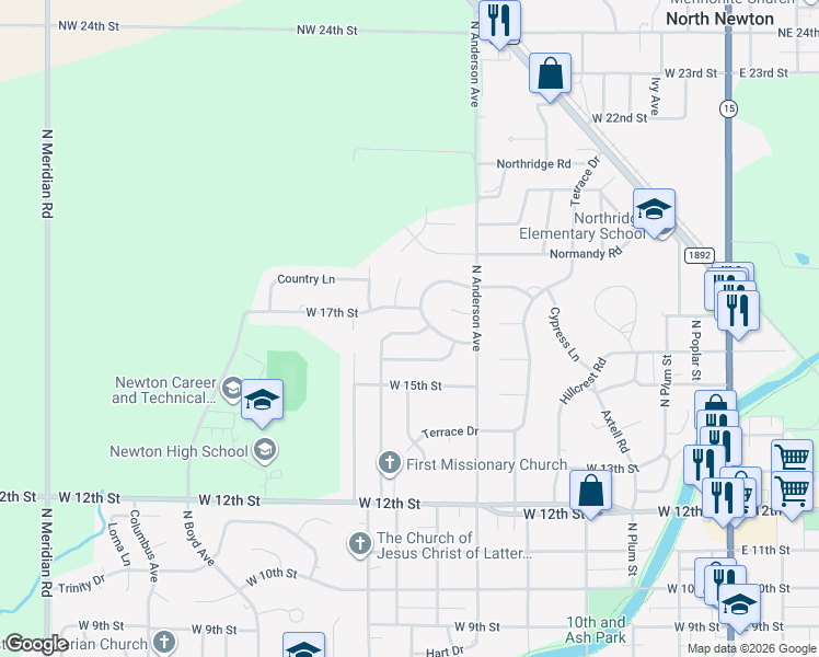 map of restaurants, bars, coffee shops, grocery stores, and more near 706 Cottonwood Lane in Newton