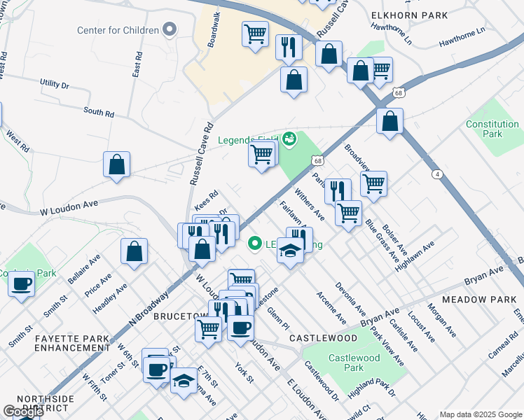 map of restaurants, bars, coffee shops, grocery stores, and more near 12th Street in Lexington