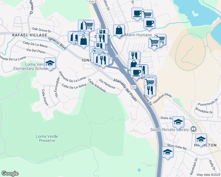 map of restaurants, bars, coffee shops, grocery stores, and more near 439 Via Herbosa in Novato