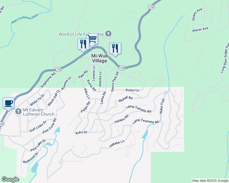 map of restaurants, bars, coffee shops, grocery stores, and more near 24277-24305 Koteo Ct in Mi-Wuk Village