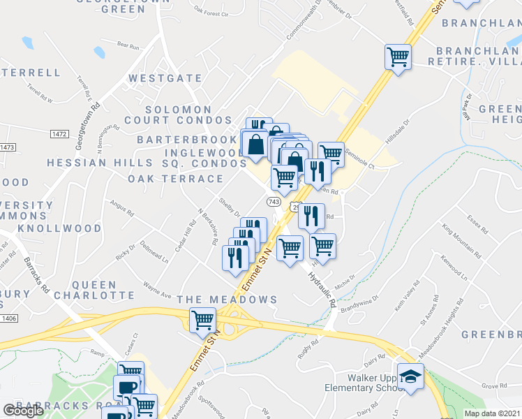 map of restaurants, bars, coffee shops, grocery stores, and more near 1915 Swanson Drive in Charlottesville
