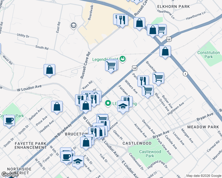 map of restaurants, bars, coffee shops, grocery stores, and more near 1118 North Broadway in Lexington