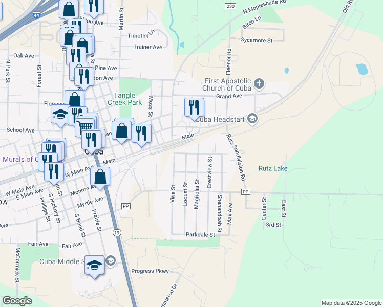 map of restaurants, bars, coffee shops, grocery stores, and more near 402 Magnolia Street in Cuba