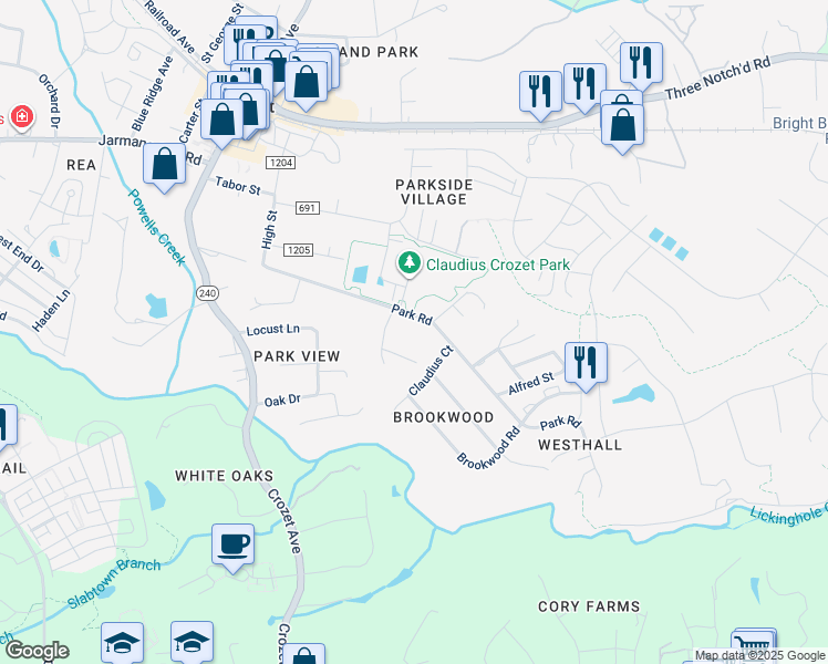 map of restaurants, bars, coffee shops, grocery stores, and more near 5641 Park Road in Crozet