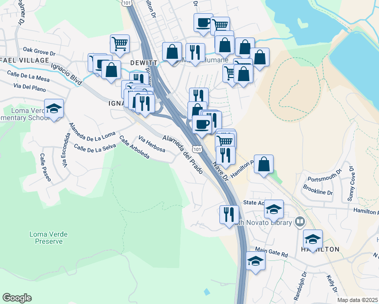 map of restaurants, bars, coffee shops, grocery stores, and more near 380 Alameda del Prado in Novato