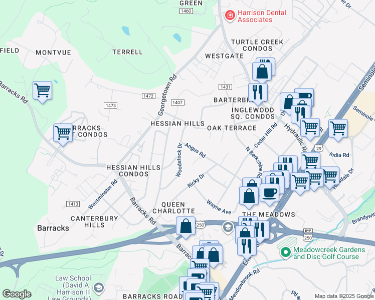 map of restaurants, bars, coffee shops, grocery stores, and more near 122 Woodstock Drive in Charlottesville