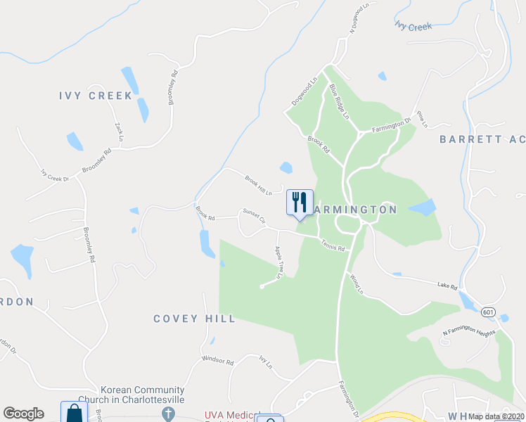 map of restaurants, bars, coffee shops, grocery stores, and more near 1310 Sunset Circle in Charlottesville