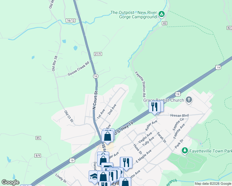map of restaurants, bars, coffee shops, grocery stores, and more near 155 1st Ave in Fayetteville