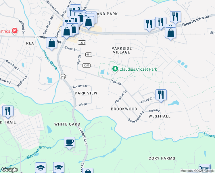 map of restaurants, bars, coffee shops, grocery stores, and more near 5685 Park Rd in Crozet