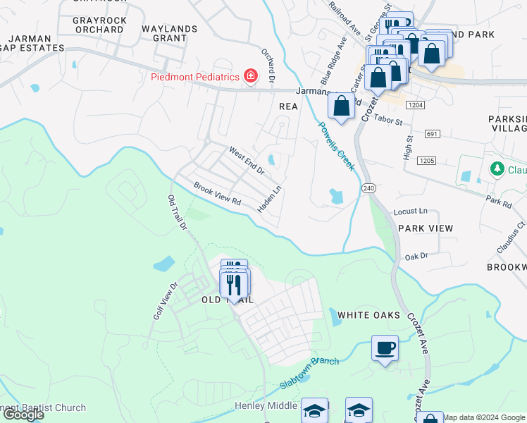 map of restaurants, bars, coffee shops, grocery stores, and more near 5211 Brook View Road in Crozet