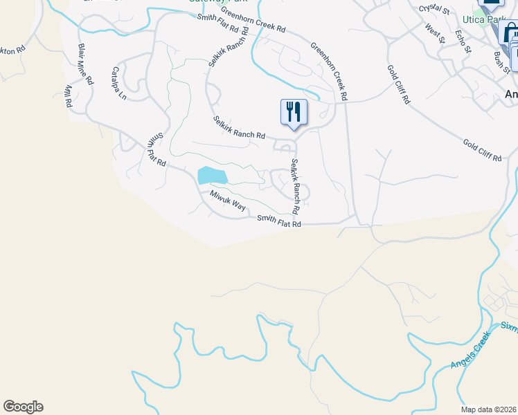 map of restaurants, bars, coffee shops, grocery stores, and more near 643 Miwuk Way in Angels Camp
