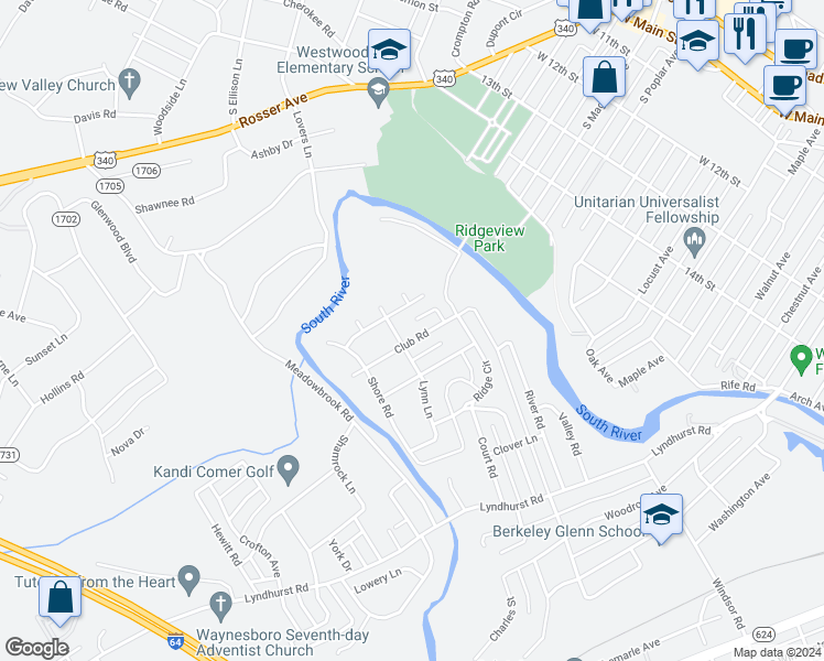 map of restaurants, bars, coffee shops, grocery stores, and more near 1140 Club Road in Waynesboro