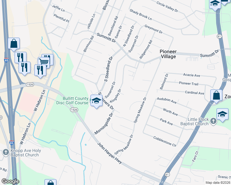 map of restaurants, bars, coffee shops, grocery stores, and more near 12428 Kingsley Drive in Louisville