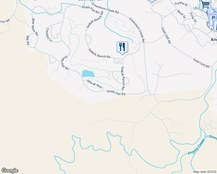 map of restaurants, bars, coffee shops, grocery stores, and more near 643 Miwuk Way in Angels Camp