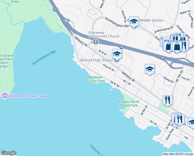 map of restaurants, bars, coffee shops, grocery stores, and more near West 12th Street in Benicia