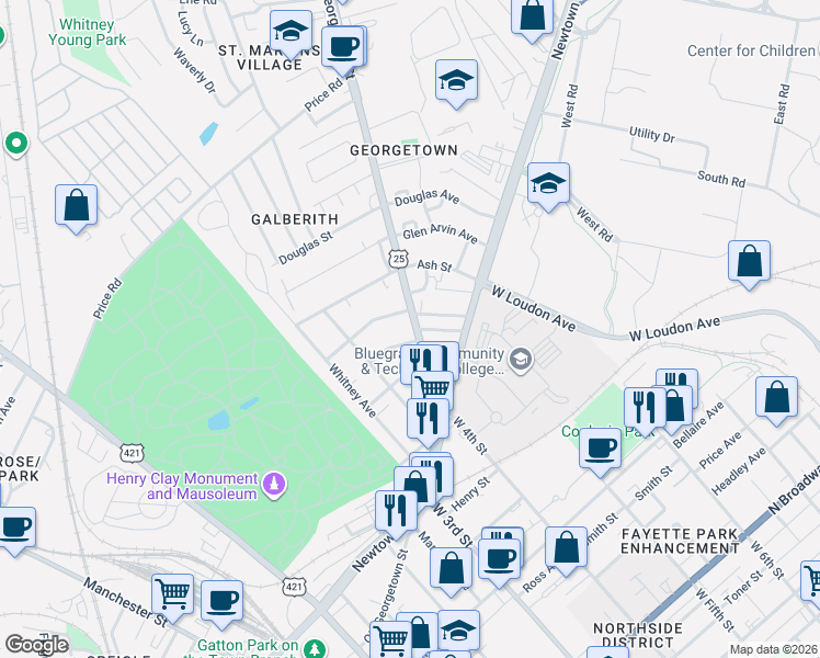map of restaurants, bars, coffee shops, grocery stores, and more near 443 Elm Street in Lexington