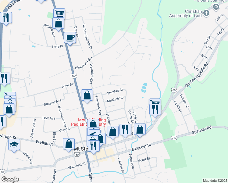 map of restaurants, bars, coffee shops, grocery stores, and more near Strother Street in Mount Sterling