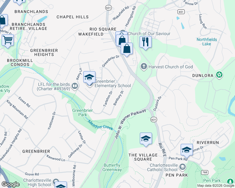 map of restaurants, bars, coffee shops, grocery stores, and more near 2231 Banbury Street in Charlottesville