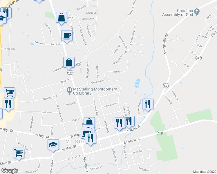 map of restaurants, bars, coffee shops, grocery stores, and more near Strother Street in Mount Sterling