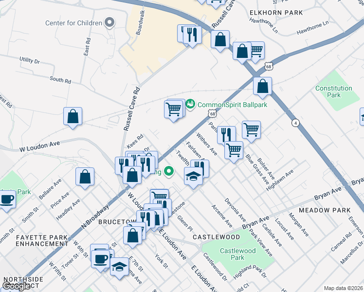 map of restaurants, bars, coffee shops, grocery stores, and more near 1118 North Broadway in Lexington