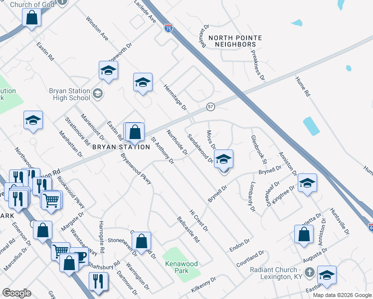 map of restaurants, bars, coffee shops, grocery stores, and more near 437 Northside Drive in Lexington