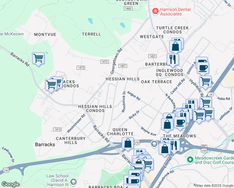 map of restaurants, bars, coffee shops, grocery stores, and more near 136 Bennington Road in Charlottesville