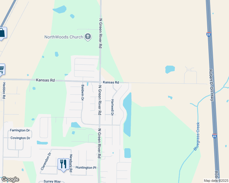 map of restaurants, bars, coffee shops, grocery stores, and more near 9323 Hartwell Drive in Evansville