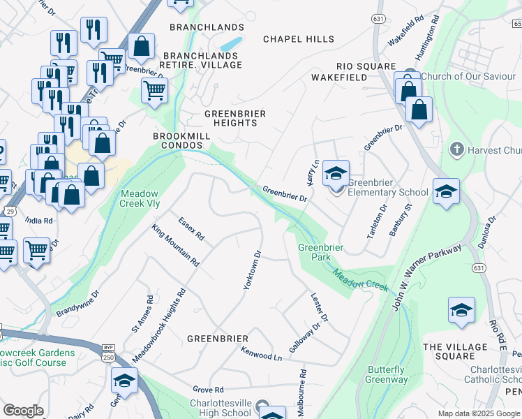 map of restaurants, bars, coffee shops, grocery stores, and more near 1814 Yorktown Drive in Charlottesville