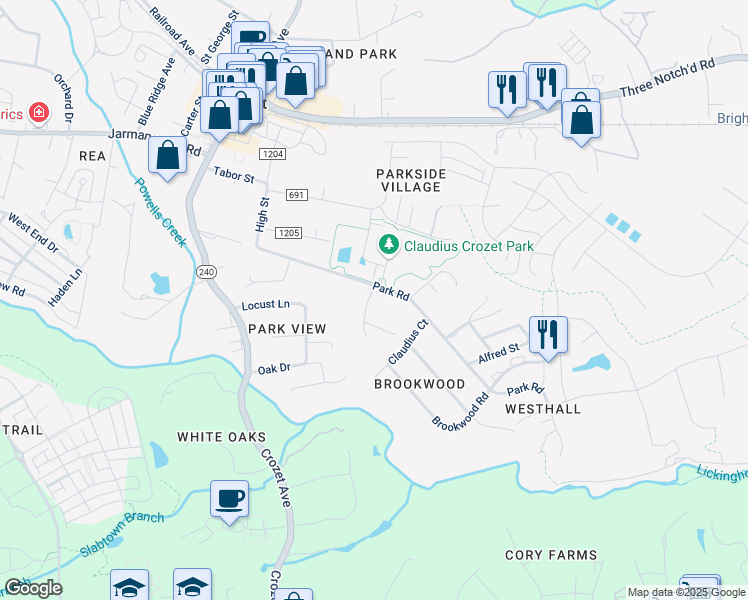 map of restaurants, bars, coffee shops, grocery stores, and more near 5665 County Road 1204 in Crozet