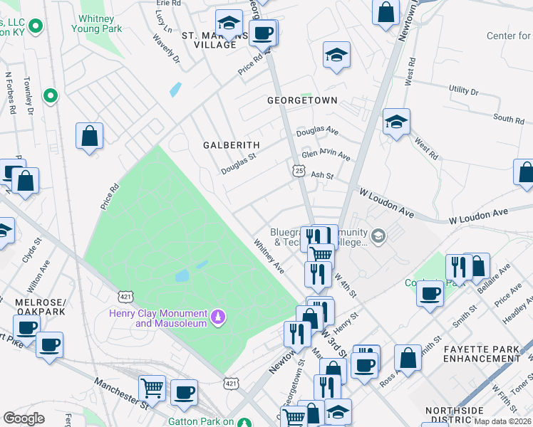 map of restaurants, bars, coffee shops, grocery stores, and more near 416 Michigan Street in Lexington