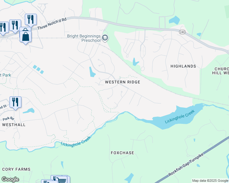 map of restaurants, bars, coffee shops, grocery stores, and more near 5044 Clearfields Court in Crozet