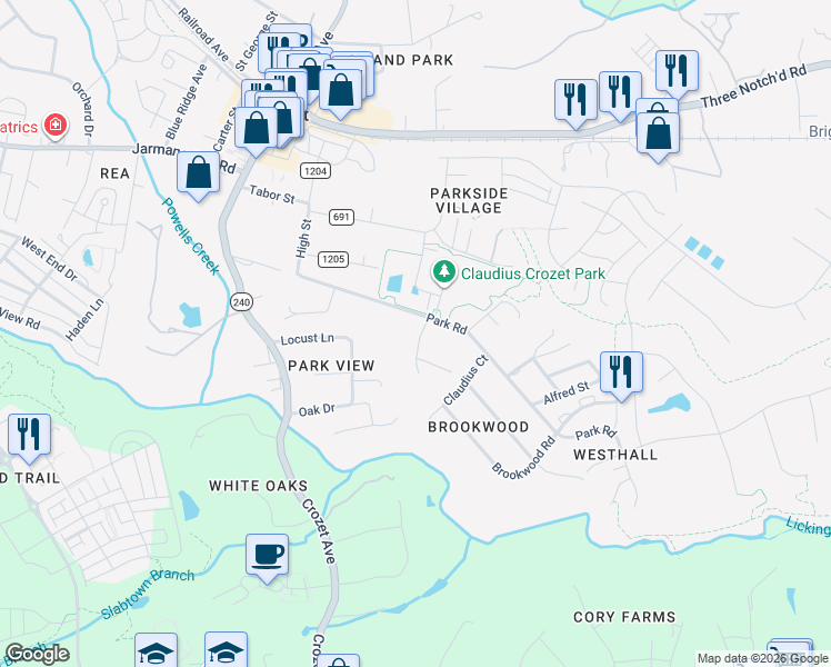 map of restaurants, bars, coffee shops, grocery stores, and more near 5685 Park Rd in Crozet