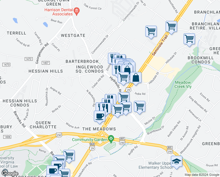 map of restaurants, bars, coffee shops, grocery stores, and more near 1916 Swanson Drive in Charlottesville