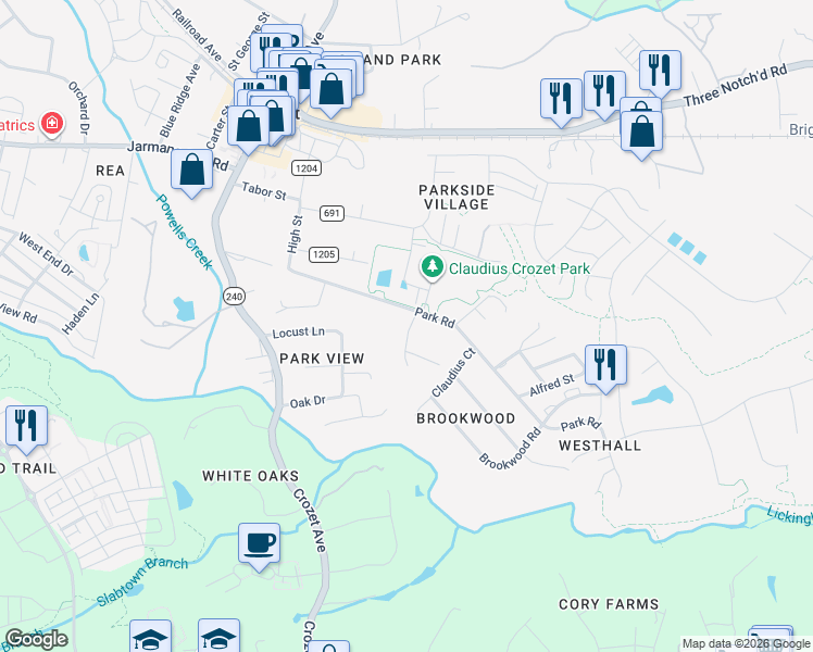 map of restaurants, bars, coffee shops, grocery stores, and more near 5685 Park Rd in Crozet